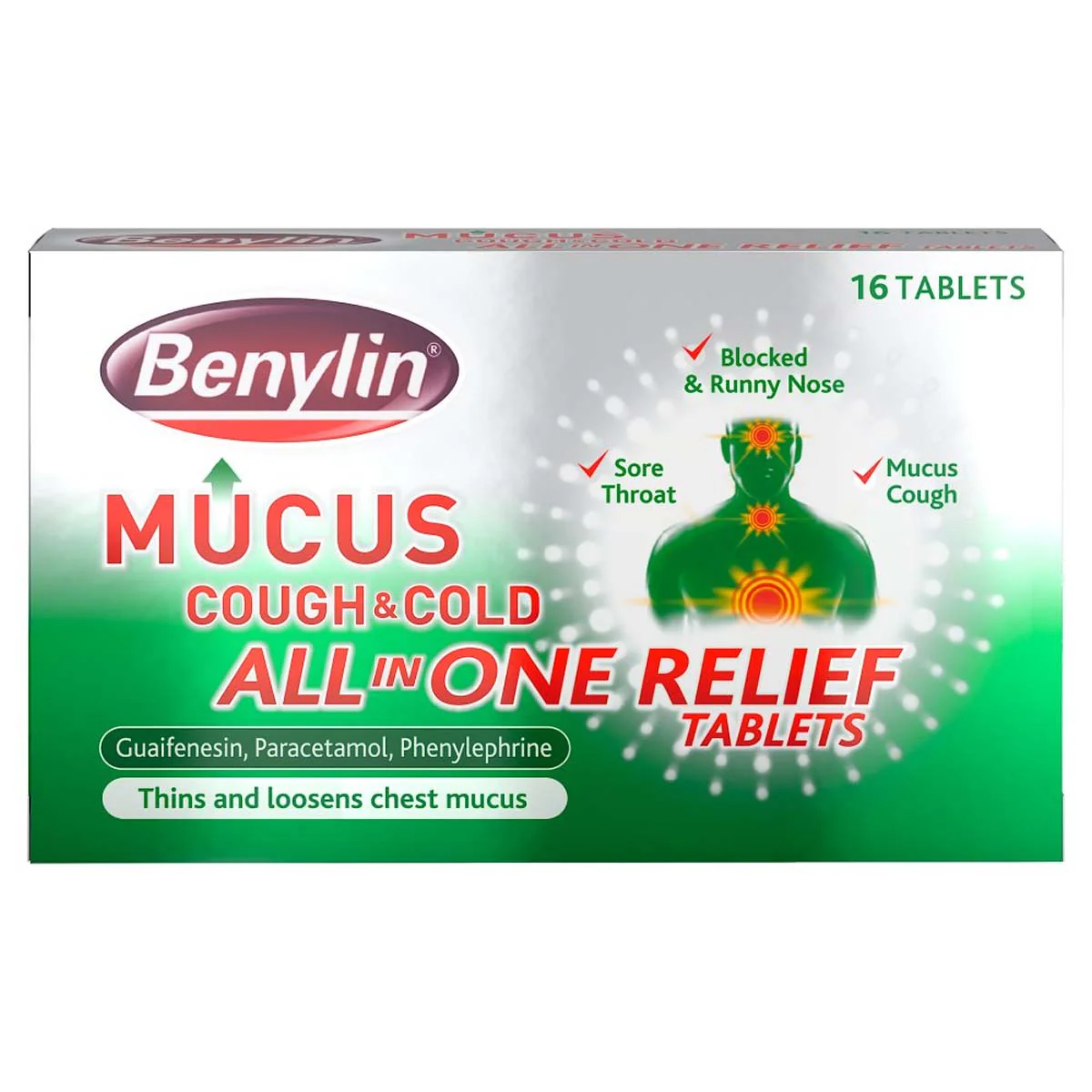 Benylin - Mucus Cough & Cold All in One Relief Tablets - 16 Tablets