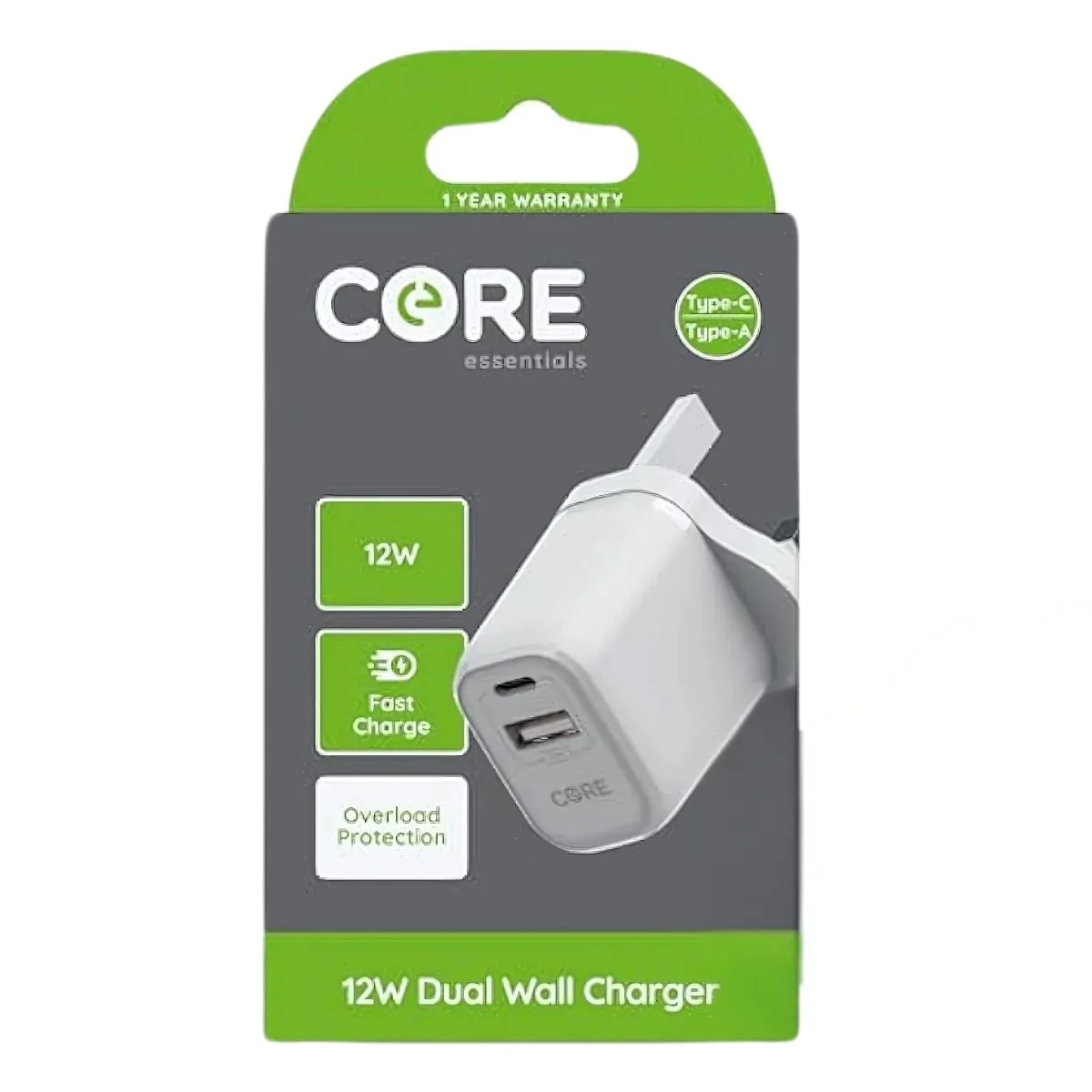 Core - Dual USB A + USB C Wall Charger - 12W