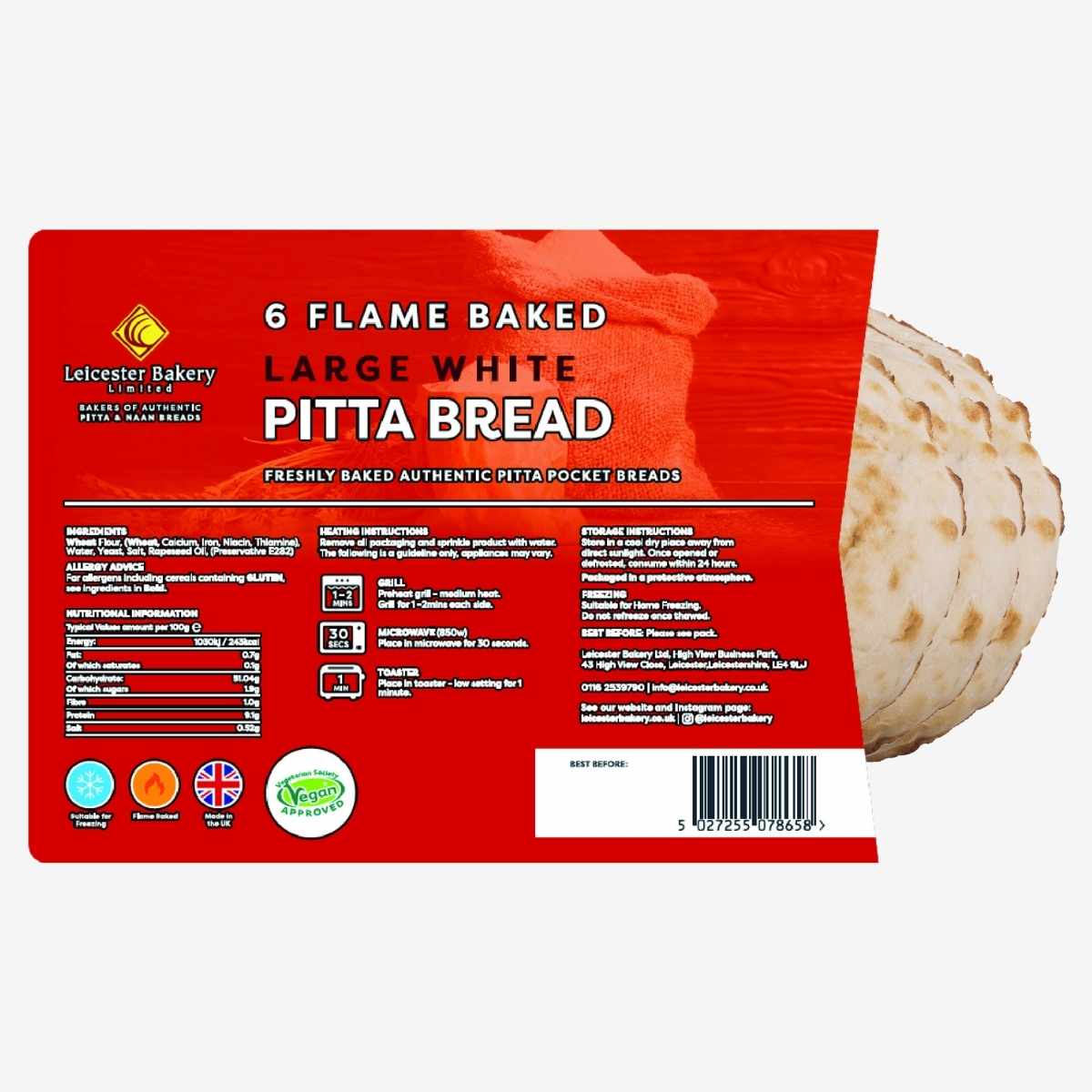 Leicester Bakery - Large White Pitta Bread - 6 Pack