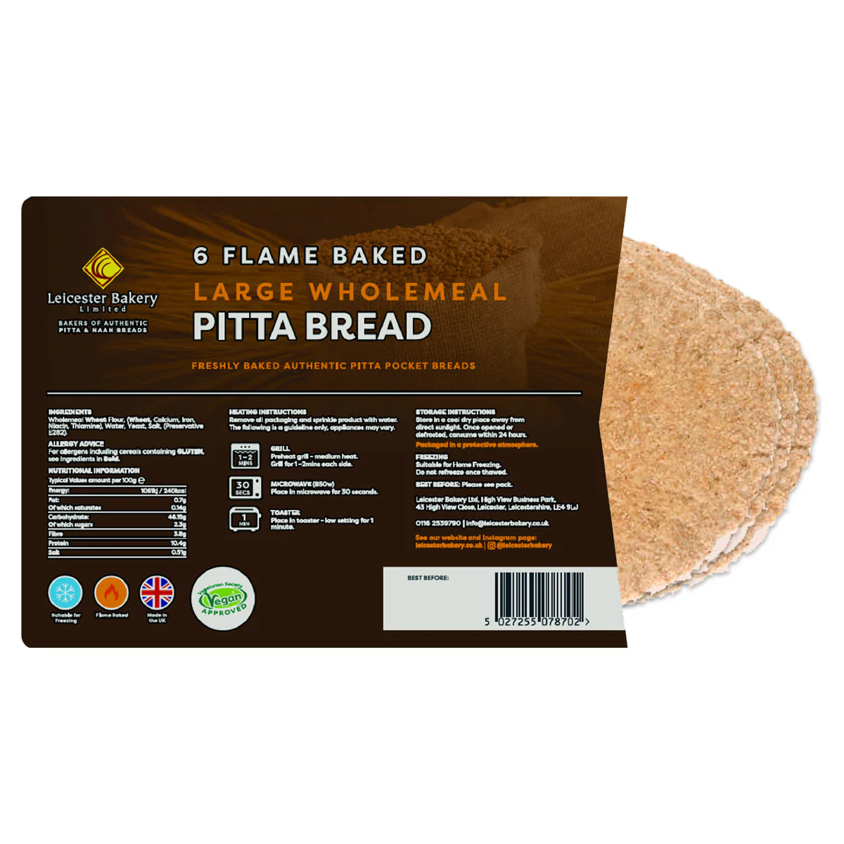 Leicester Bakery - Large Wholemeal Pitta Bread - 6 Pack