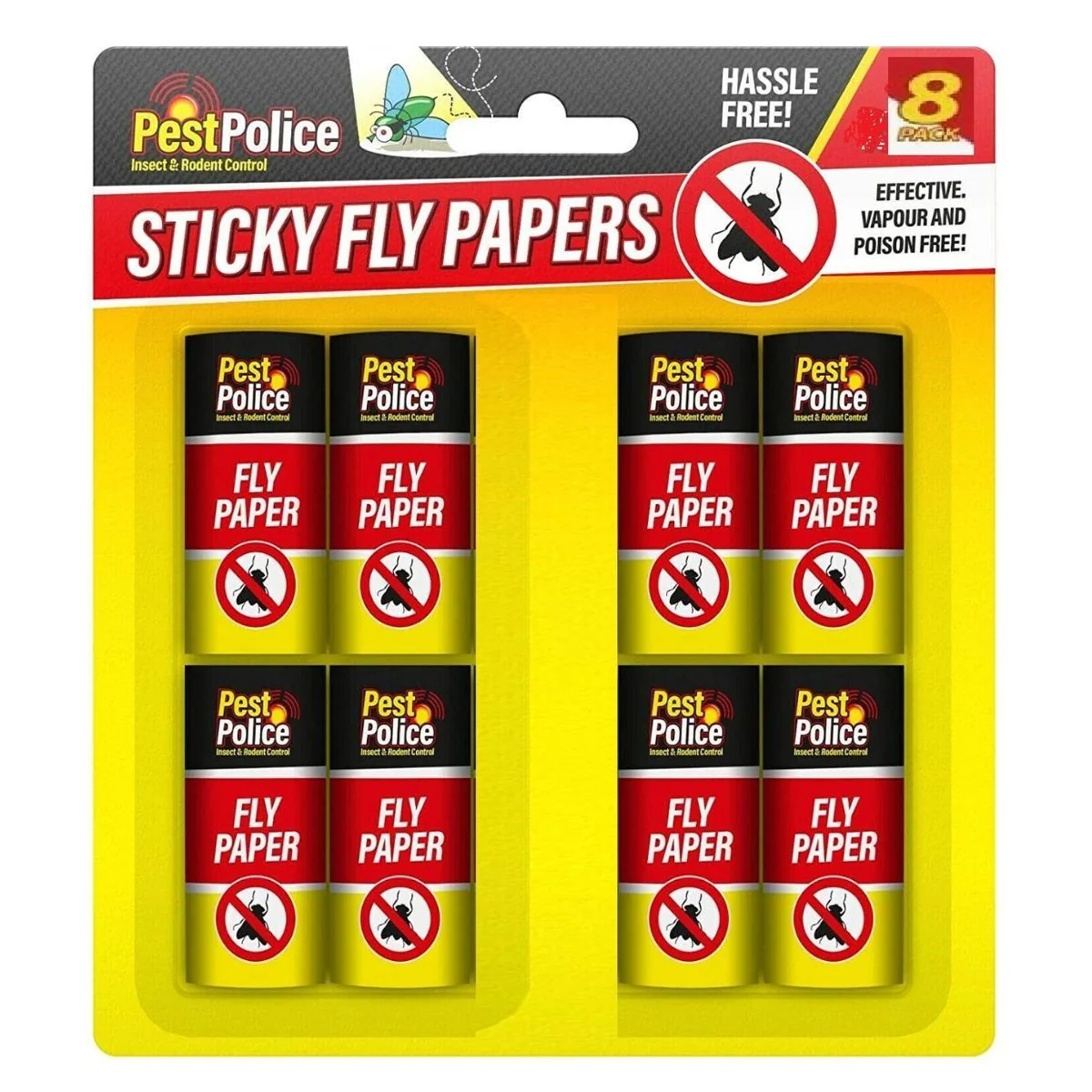 Pest Police - Fly Insect Catcher Paper Sticky Glue Bug Trap Killer Strong Roll Tape Strip - 8pcs