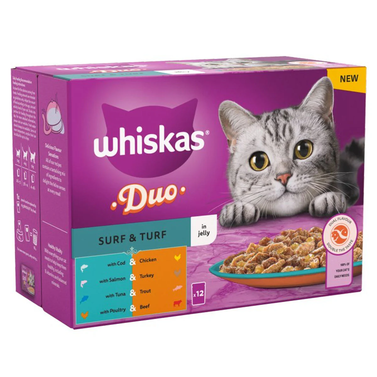 Whiskas - 1+ Duo Surf and Turf Adult Wet Cat Food Pouches in Jelly - 12 x 85g