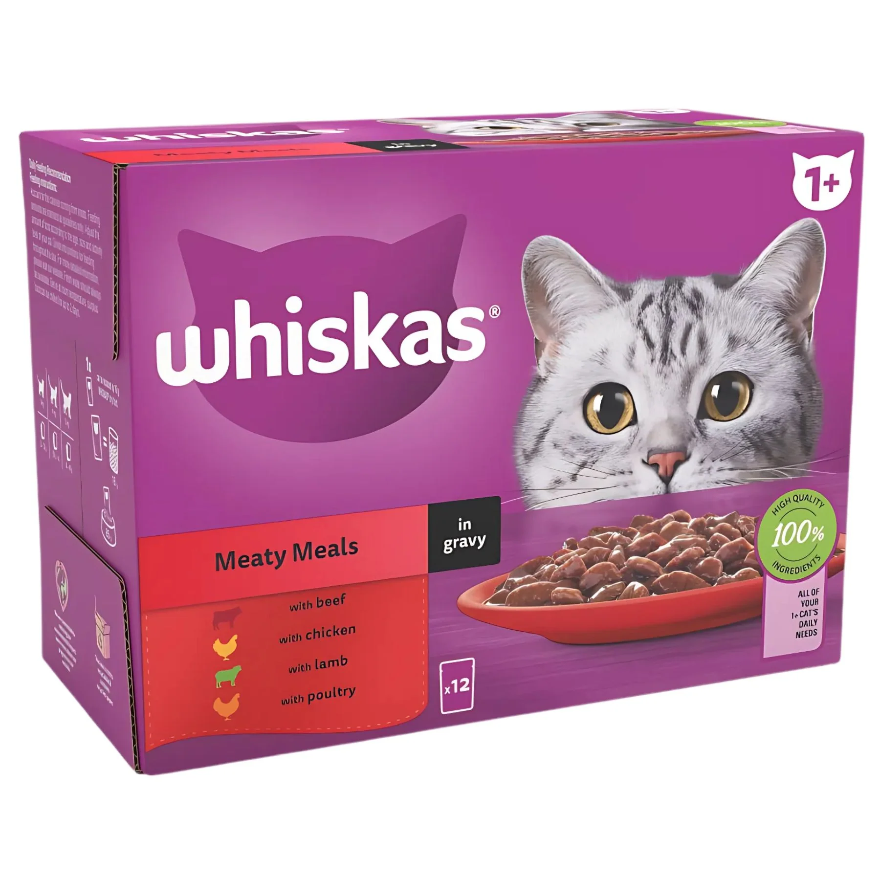 Whiskas - 1+ Meaty Meals Adult Wet Cat Food Pouches in Gravy - 12 x 85g