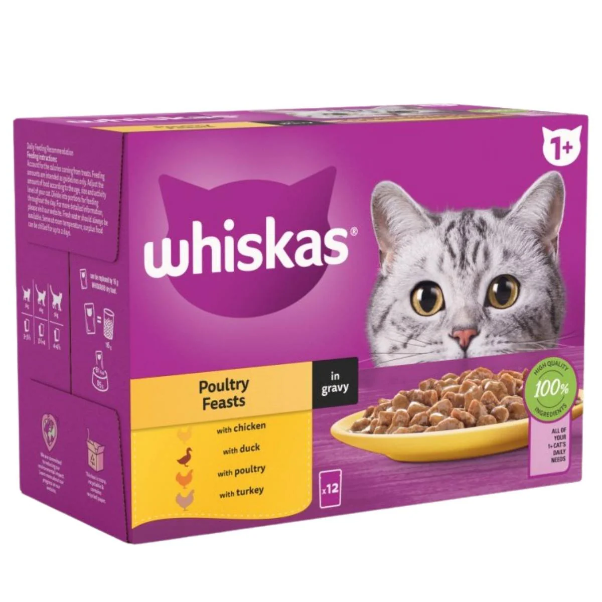 Whiskas - 1+ Poultry Feasts Adult Wet Cat Food Pouches in Gravy - 12 x 85g